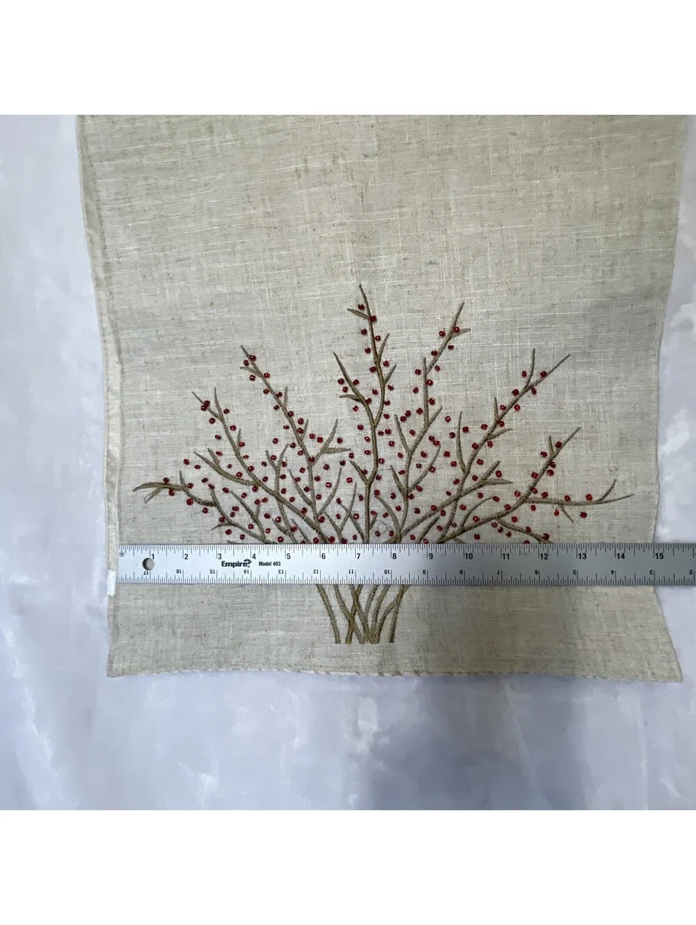 Linen Polyester Blend Natural Red Beaded Table Runner Autumn Holiday 70 Inches